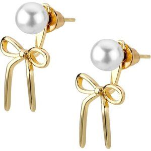 Women's Gold Dainty Pearl Bow Trendy Drop Dangle Earrings Statement Jewelry